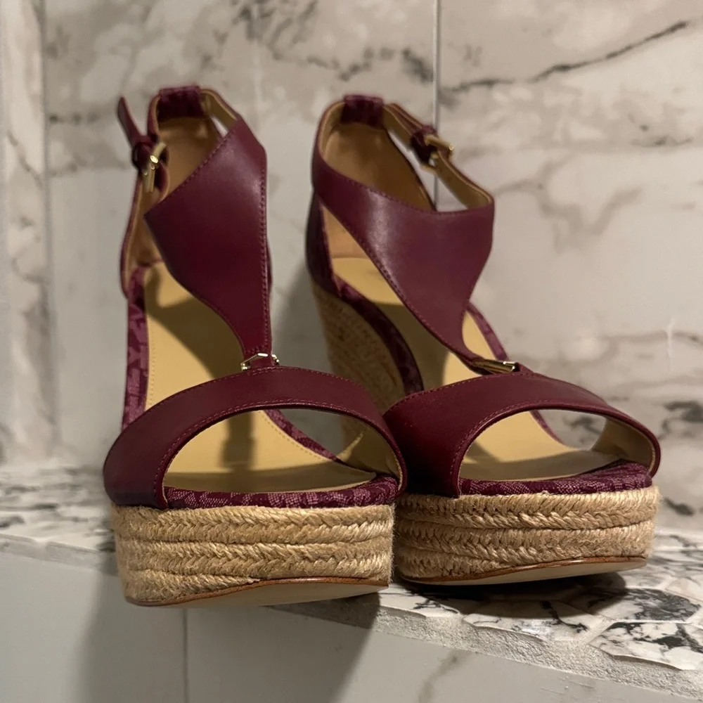 Michael Kors Burgundy and Tan Wedge Sandals - Picture 16 of 16